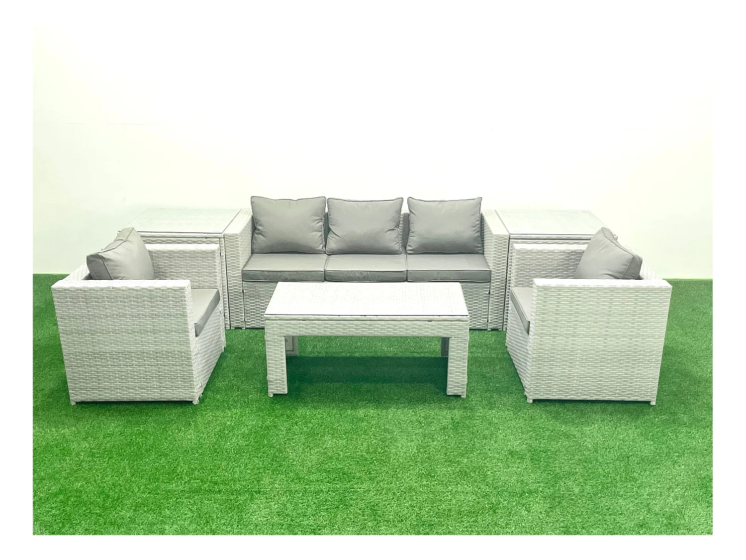 Polyrattan Gartenmöbel Set 6 Stücke Outdoor Garten Sofa Rechteckiger Couchtisch Set mit 2 Sesseln 2 Beistelltischen Hellgrau gemischt