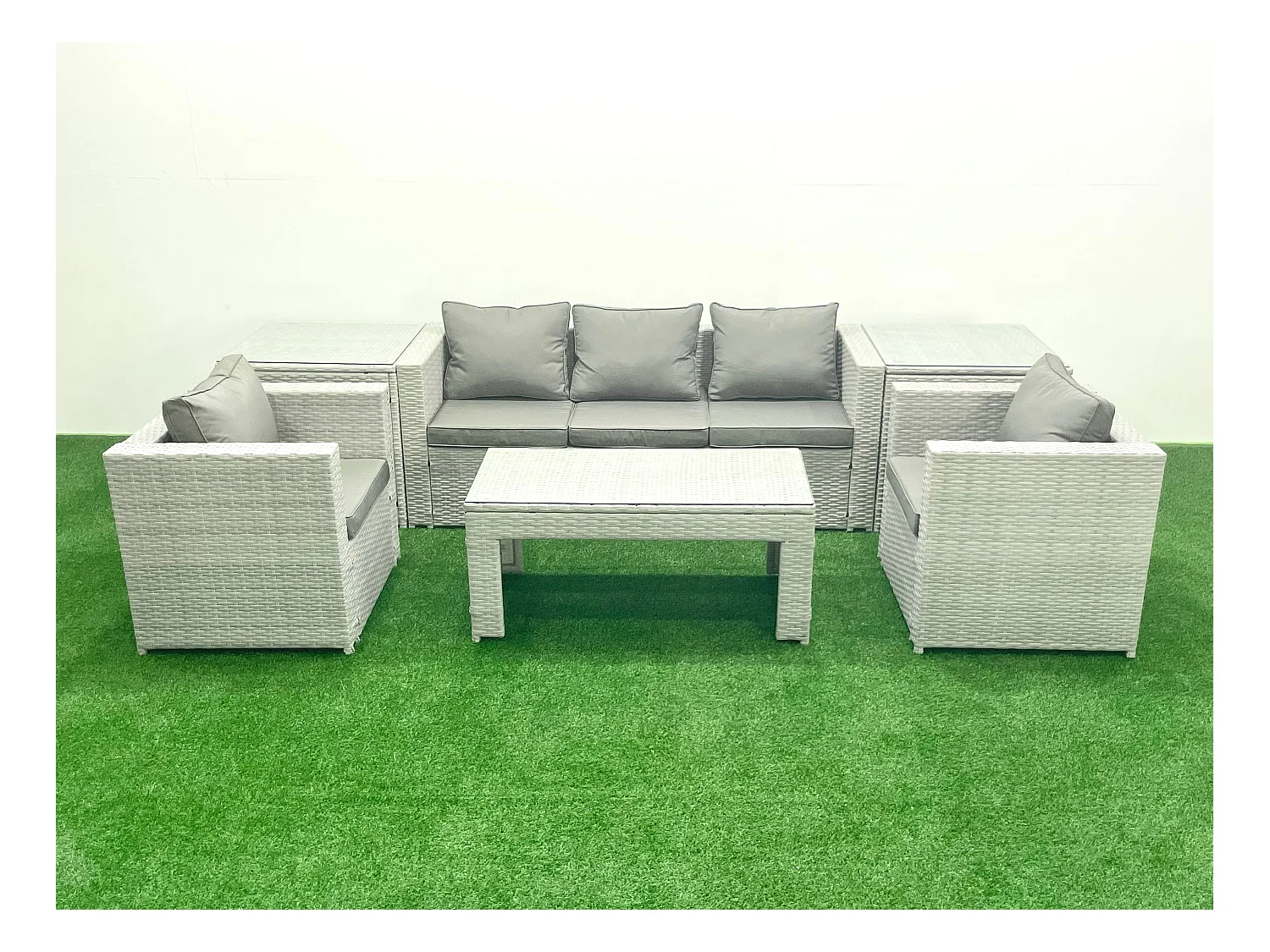 Polyrattan Gartenmöbel Set 6 Stücke Outdoor Garten Sofa Rechteckiger Couchtisch Set mit 2 Sesseln 2 Beistelltischen Hellgrau gemischt