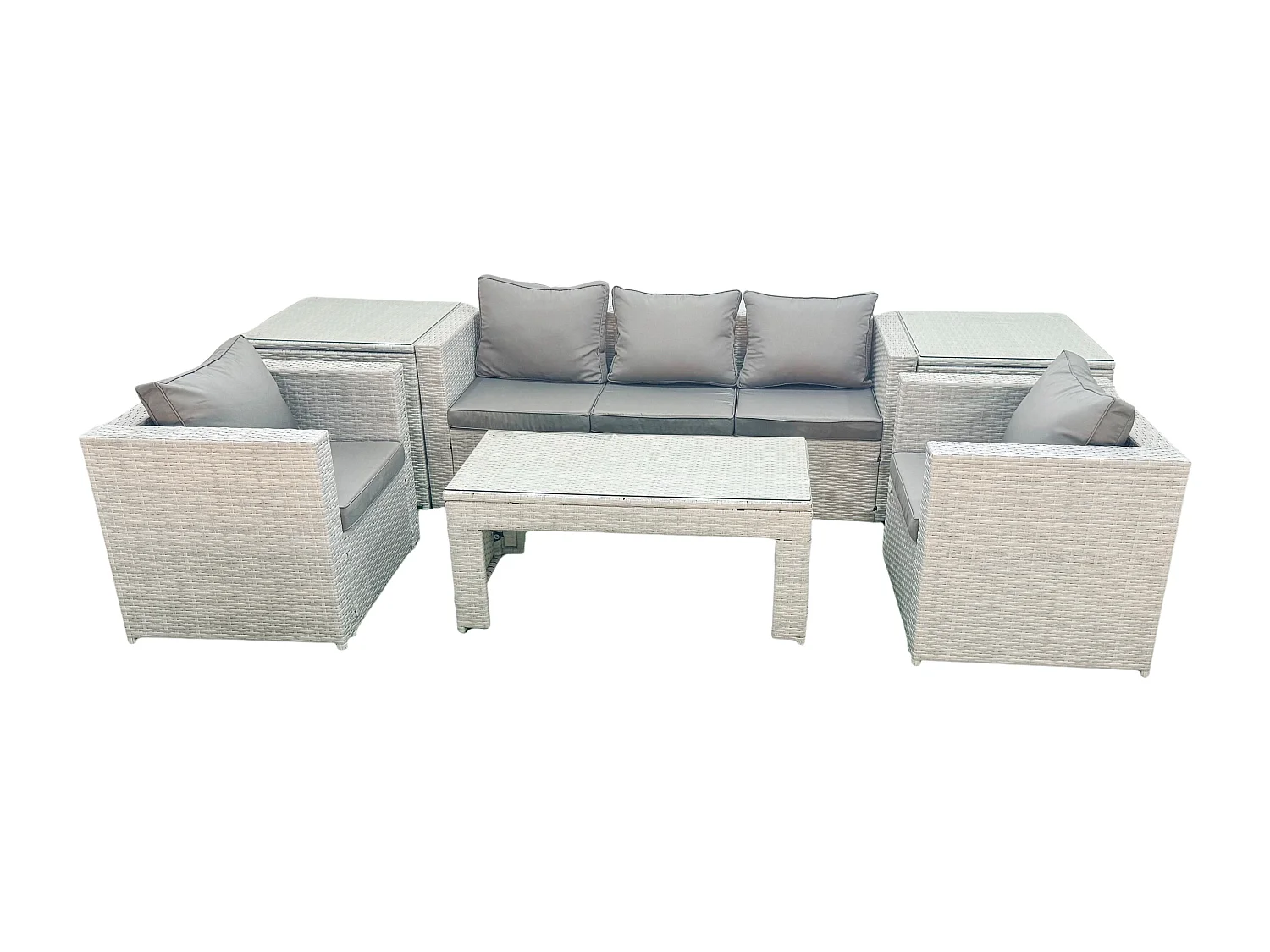 Salon de jardin 6 Pièces Canapé de jardin Table basse oblongue avec 2 Chaises 2 Tables d'appoint Gris clair mixte