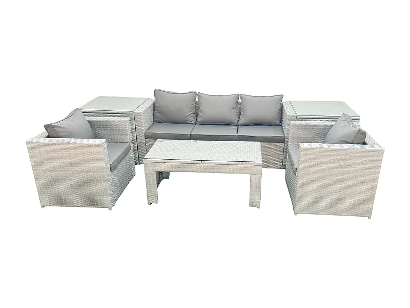 Salon de jardin 6 Pièces Canapé de jardin Table basse oblongue avec 2 Chaises 2 Tables d'appoint Gris clair mixte