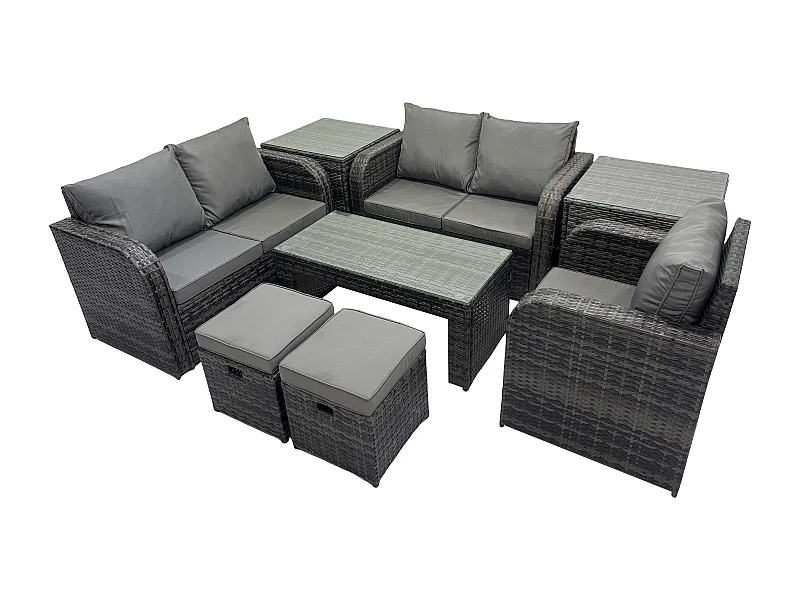 7 places Ensembles de salon de jardin avec 2 Tables d'appoint 2 Petits tabourets Gris foncé mixte