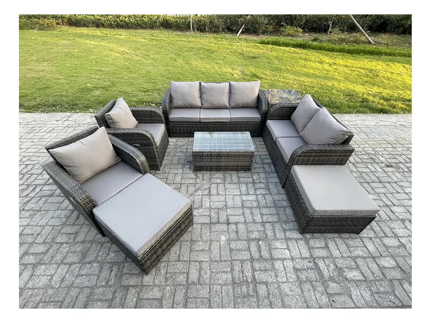 Ensembles de meubles de jardin 9 places Ensemble de canapés en rotin avec Table basse Chaise inclinable Canapé d'amour 2 Tables d'appoint 2 Grand tabourets