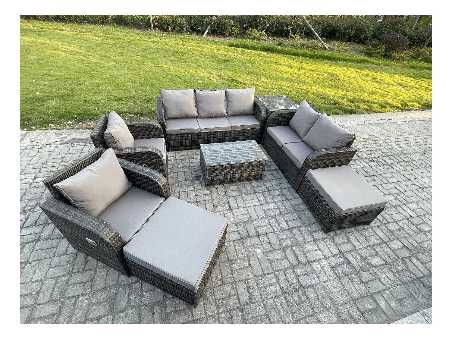 Ensembles de meubles de jardin 9 places Ensemble de canapés en rotin avec Table basse Chaise inclinable Canapé d'amour 2 Tables d'appoint 2 Grand tabourets