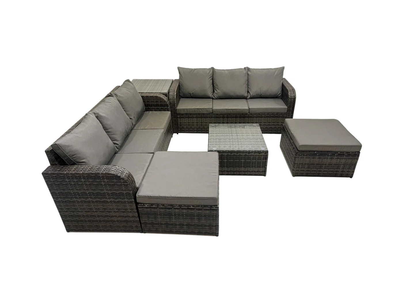 8-Sitzer Polyrattan Gartenmöbelset Garten Sofa Couchtisch Set mit 2 hohen Hockern Beistelltisch Dunkelgrau Gemischt