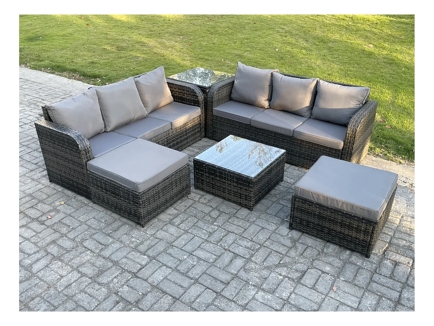8-Sitzer Polyrattan Gartenmöbelset Garten Sofa Couchtisch Set mit 2 hohen Hockern Beistelltisch Dunkelgrau Gemischt