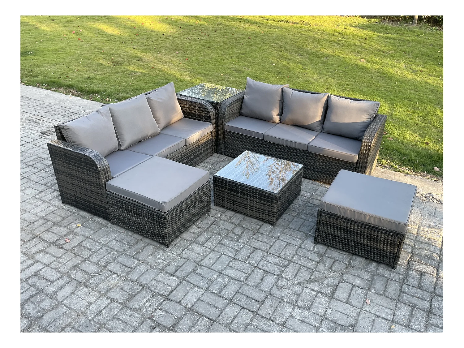 8-Sitzer Polyrattan Gartenmöbelset Garten Sofa Couchtisch Set mit 2 hohen Hockern Beistelltisch Dunkelgrau Gemischt