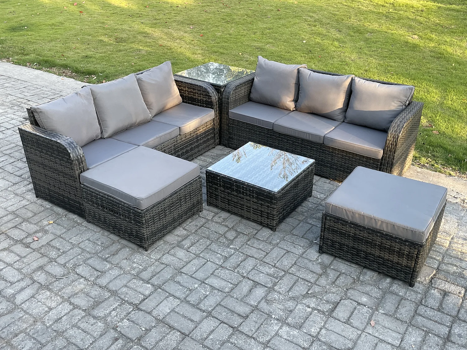 8-Sitzer Polyrattan Gartenmöbelset Garten Sofa Couchtisch Set mit 2 hohen Hockern Beistelltisch Dunkelgrau Gemischt