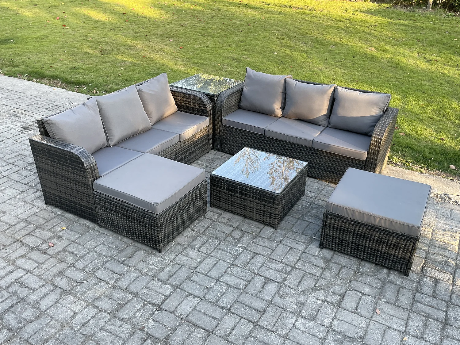 8-Sitzer Polyrattan Gartenmöbelset Garten Sofa Couchtisch Set mit 2 hohen Hockern Beistelltisch Dunkelgrau Gemischt
