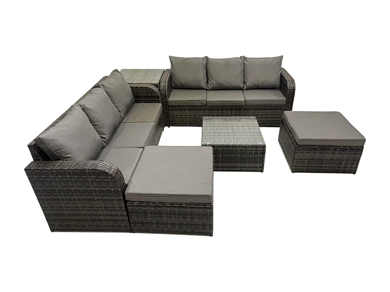8-Sitzer Polyrattan Gartenmöbelset Garten Sofa Couchtisch Set mit 2 hohen Hockern Beistelltisch Dunkelgrau Gemischt
