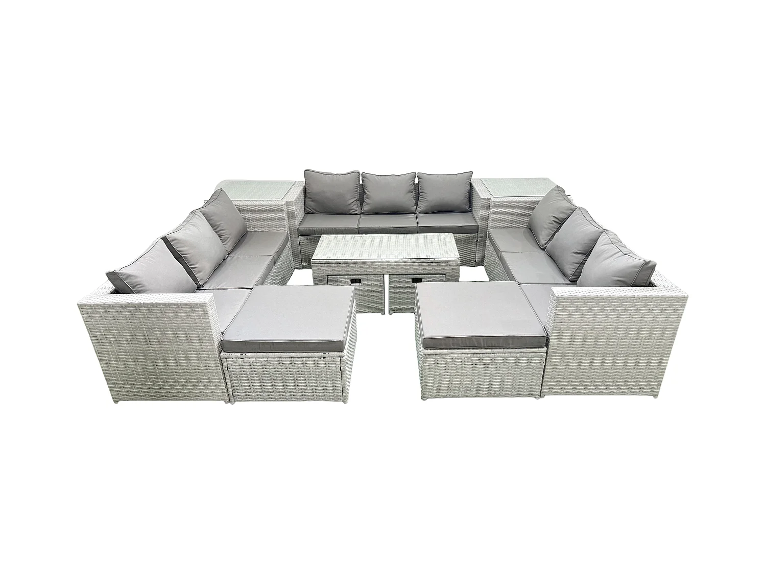 Polyrattan Gartenmöbelset mit Graue Kissen 14-Sitzer mit Couchtisch und 2 Beistelltischen