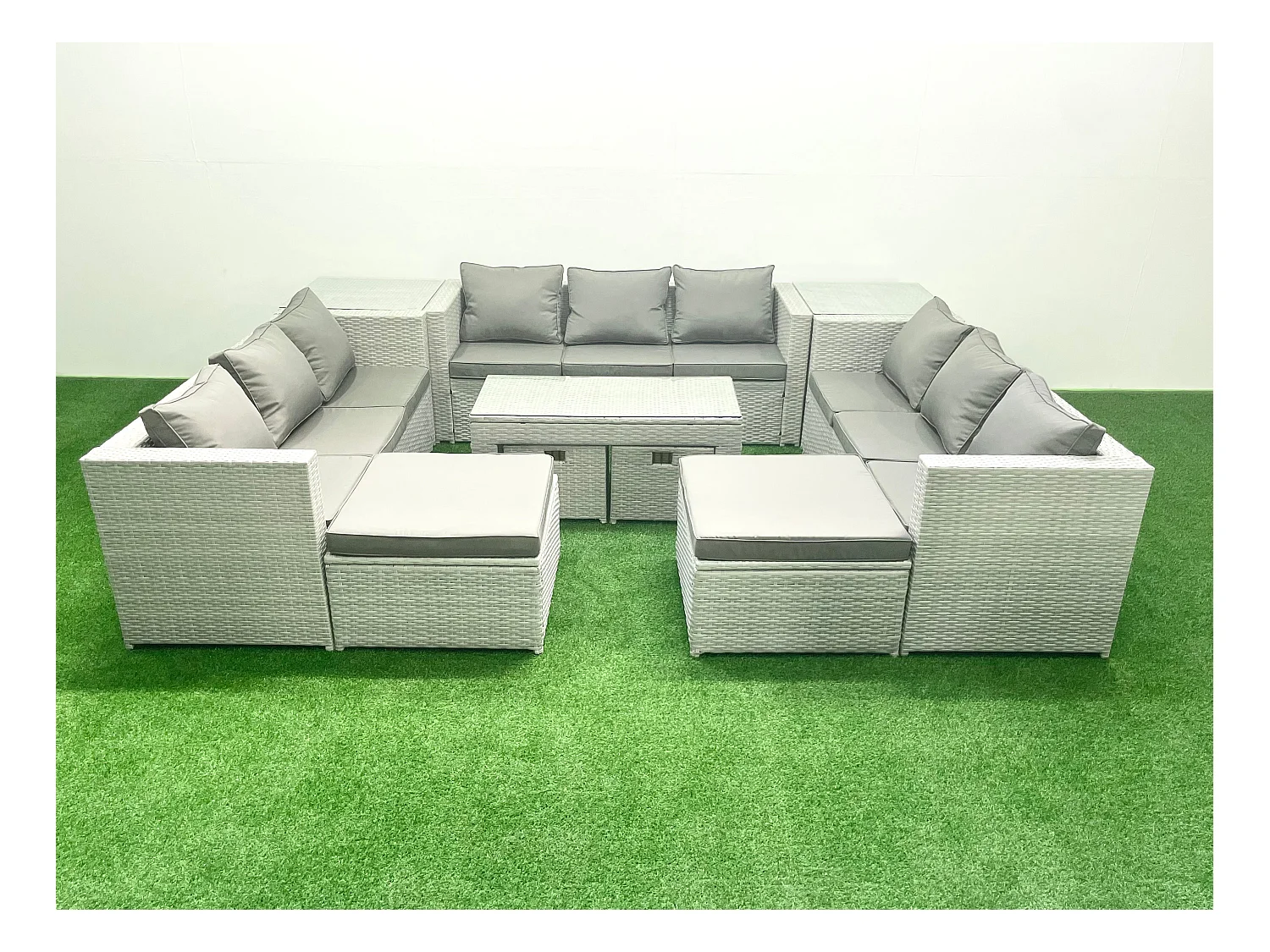 Polyrattan Gartenmöbelset mit Graue Kissen 14-Sitzer mit Couchtisch und 2 Beistelltischen
