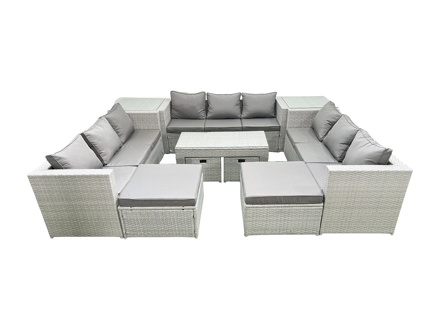 Polyrattan Gartenmöbelset mit Graue Kissen 14-Sitzer mit Couchtisch und 2 Beistelltischen