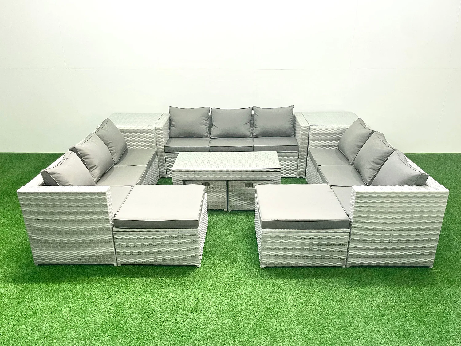 Polyrattan Gartenmöbelset mit Graue Kissen 14-Sitzer mit Couchtisch und 2 Beistelltischen