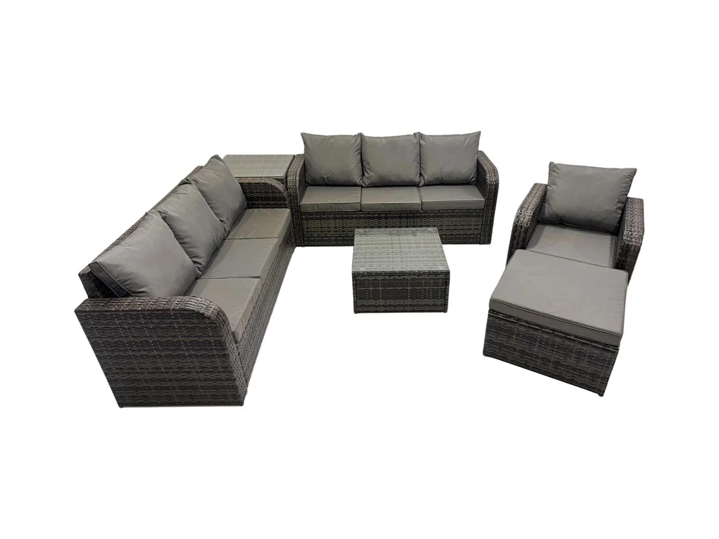 Polyrattan Gartenmöbelset Garten Sofa Couchtisch Set mit Liegestühle 2 Großer Hockern Beistelltisch Dunkelgrau Gemischt