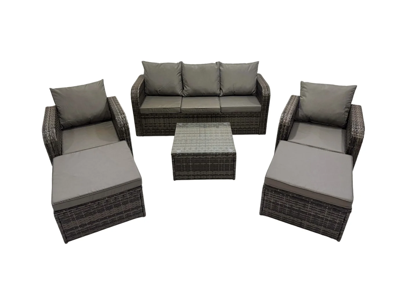 7 places Dossier haut Salon de jardin avec Table basse carrée 2 Grand tabourets Ensemble de canapés en rotin Gris foncé mixte