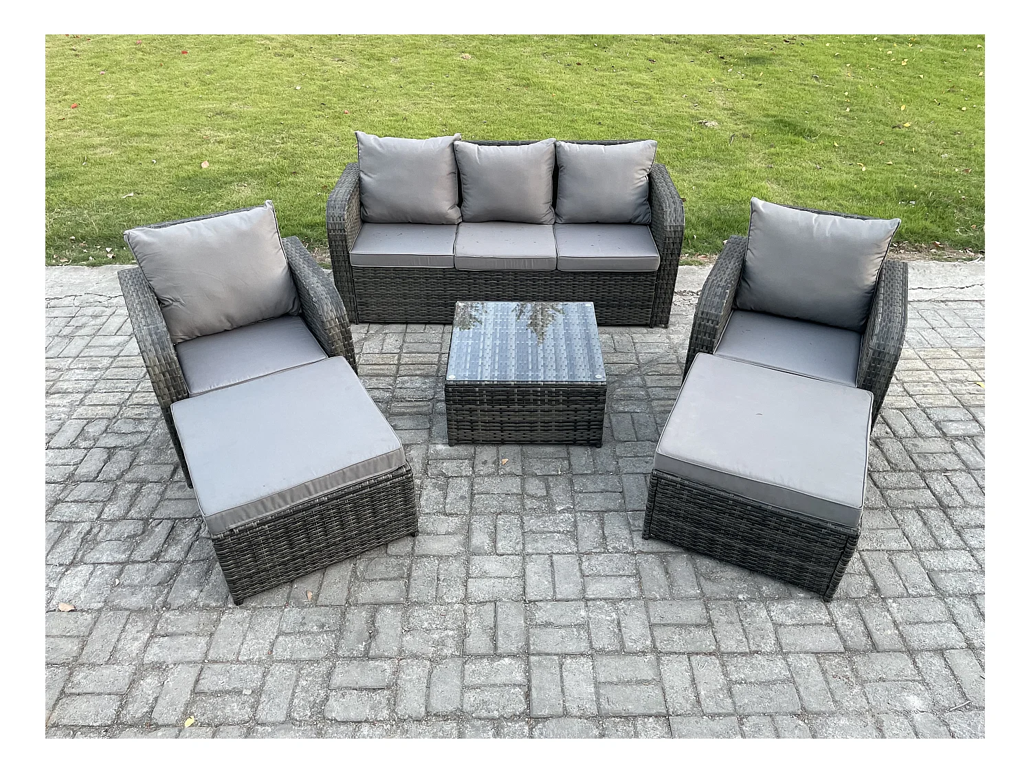 7 places Dossier haut Salon de jardin avec Table basse carrée 2 Grand tabourets Ensemble de canapés en rotin Gris foncé mixte