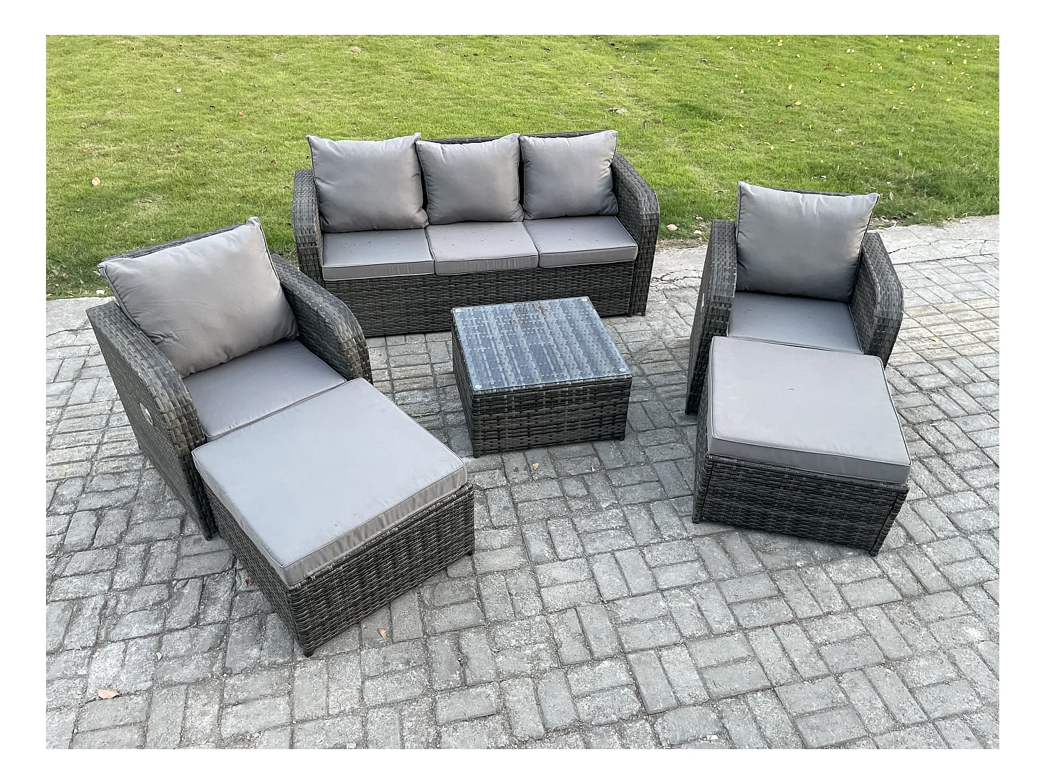 7 places Dossier haut Salon de jardin avec Table basse carrée 2 Grand tabourets Ensemble de canapés en rotin Gris foncé mixte