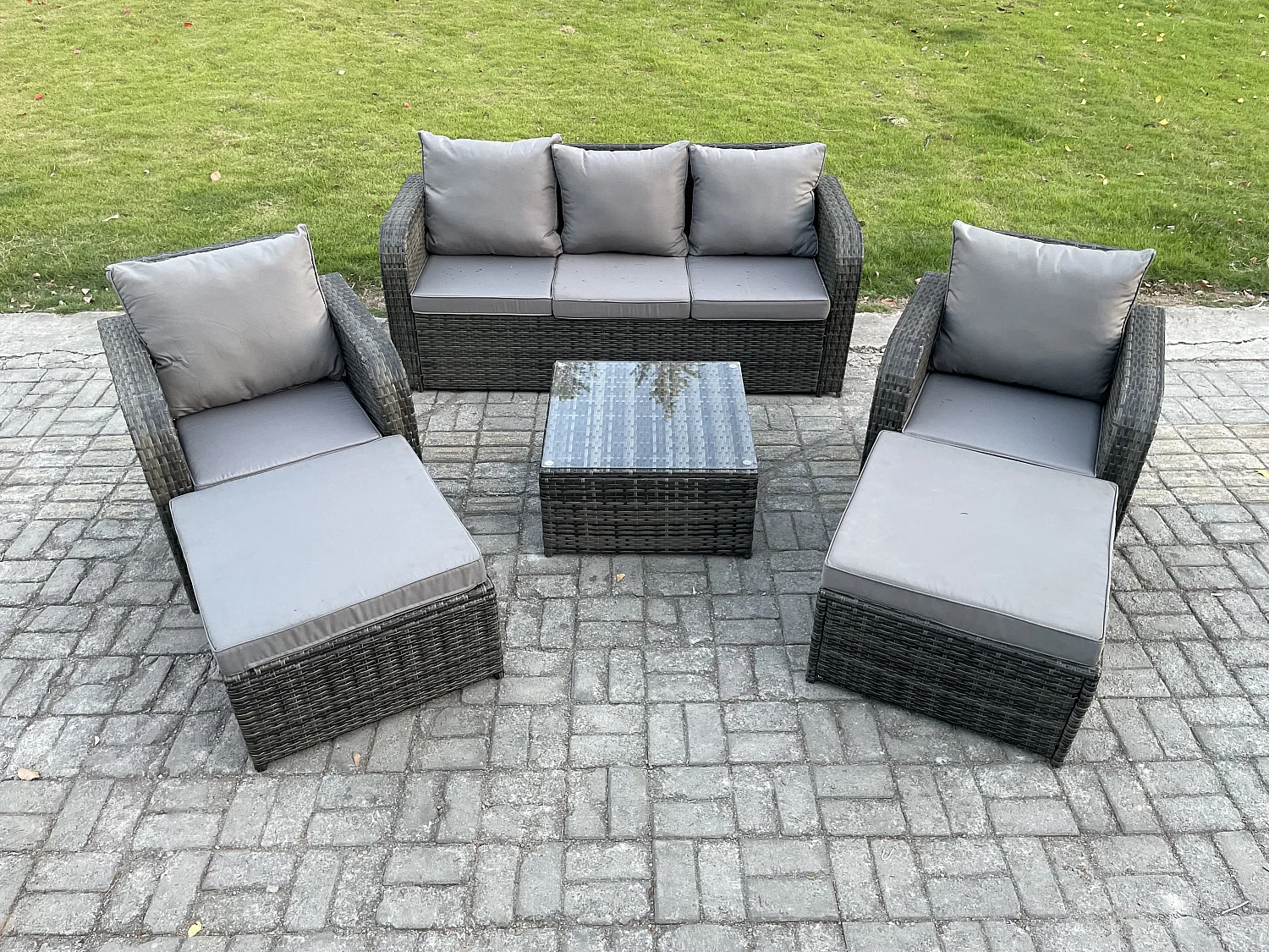 7 places Dossier haut Salon de jardin avec Table basse carrée 2 Grand tabourets Ensemble de canapés en rotin Gris foncé mixte