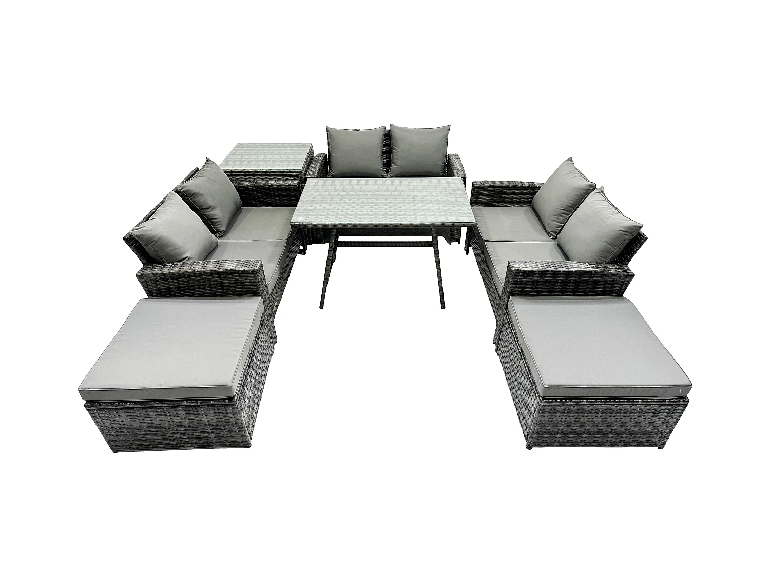 Salon de jardin avec Table à manger rectangulaire Canapé 2 places 2 Grand tabourets Table d'appoint Gris foncé mixte