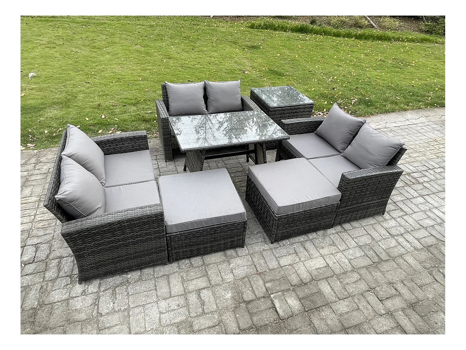 Salon de jardin avec Table à manger rectangulaire Canapé 2 places 2 Grand tabourets Table d'appoint Gris foncé mixte