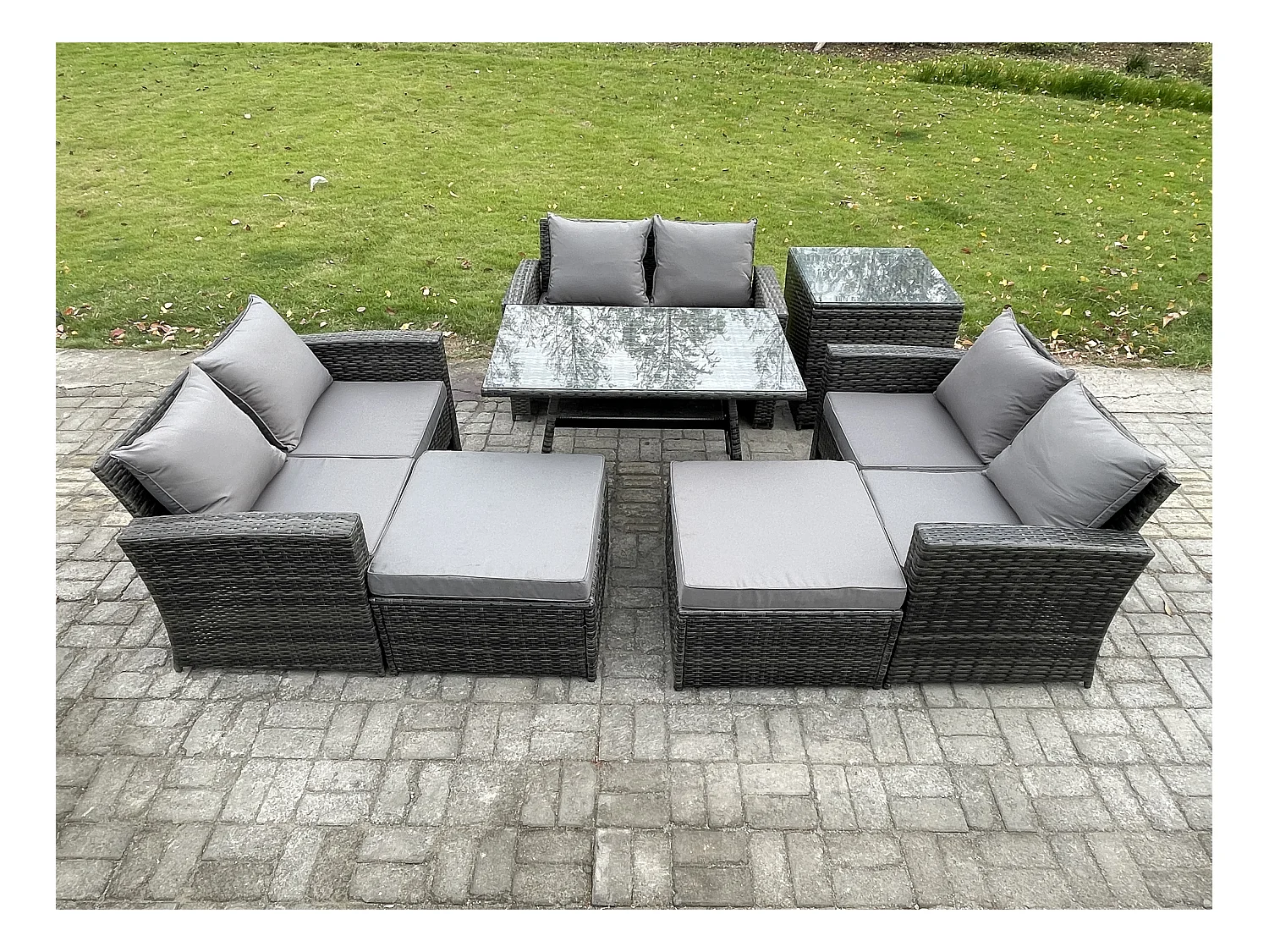 Salon de jardin avec Table à manger rectangulaire Canapé 2 places 2 Grand tabourets Table d'appoint Gris foncé mixte