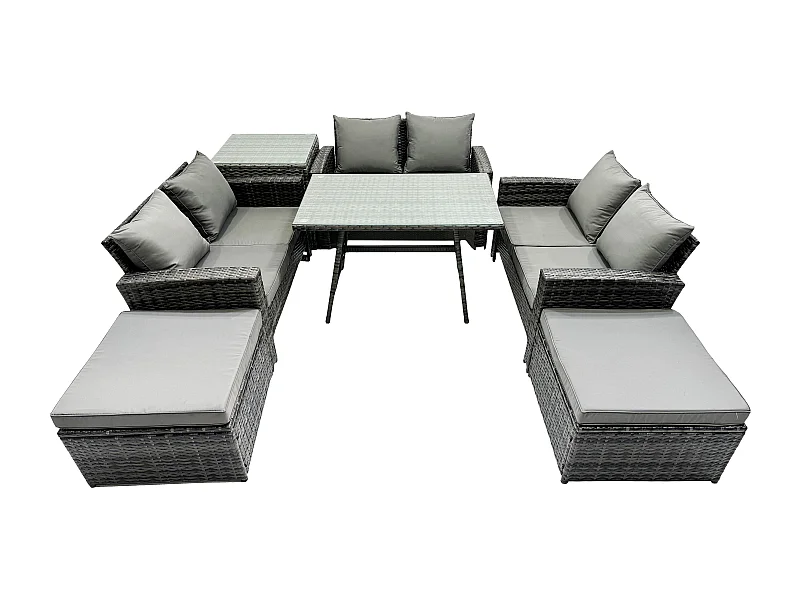 Salon de jardin avec Table à manger rectangulaire Canapé 2 places 2 Grand tabourets Table d'appoint Gris foncé mixte