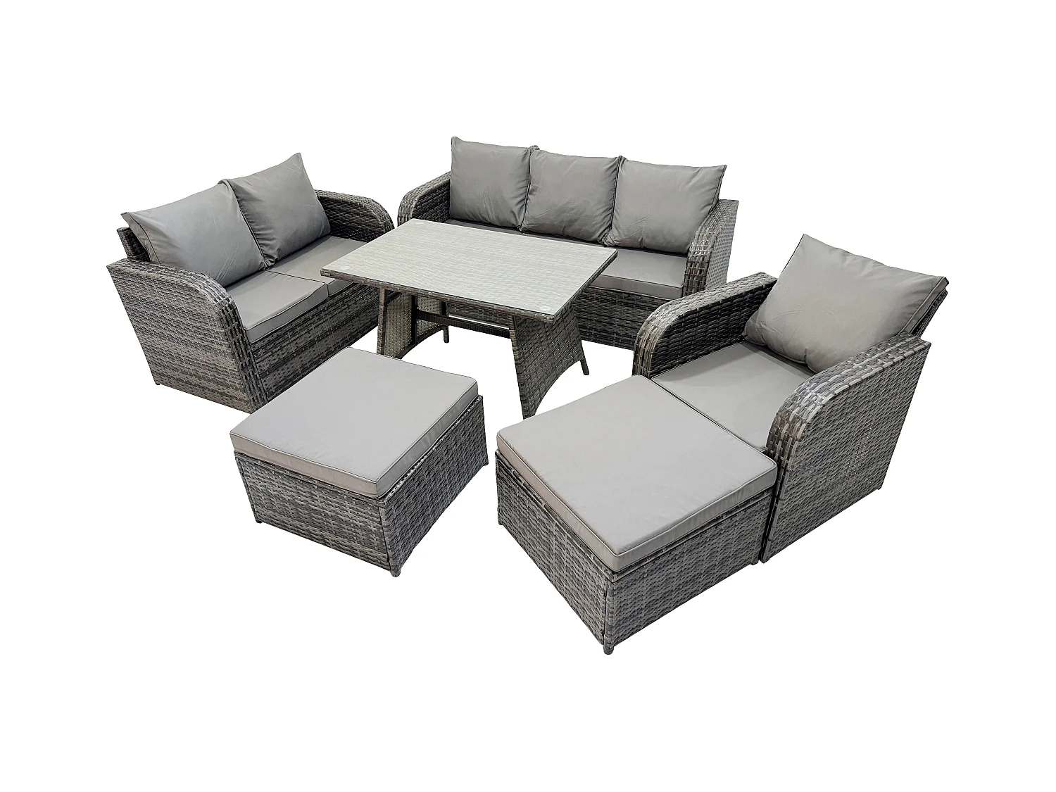Rattan Gartenmöbel Set 8-Sitzer Rechteckiger Tisch 2 hohen Hockern Love Sofa Liegestühle Dunkelgrau Gemischt