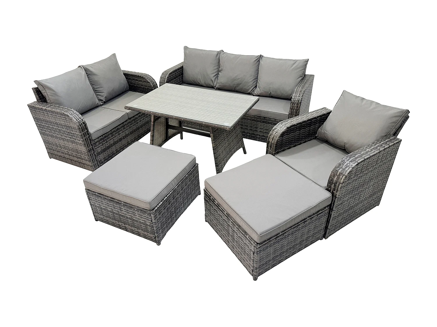 Salon de jardin exterieur 8 places Table à manger rectangulaire 2 Grand tabourets Canapé d'amour Chaise inclinable Gris foncé mixte