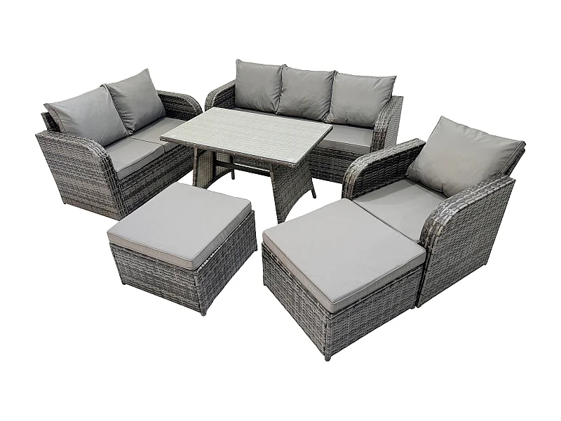 Salon de jardin exterieur 8 places Table à manger rectangulaire 2 Grand tabourets Canapé d'amour Chaise inclinable Gris foncé mixte