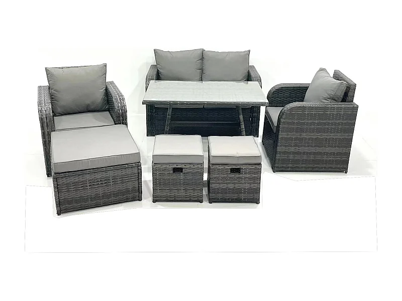 Gartenmöbel-Set Rattan Sofa Esstisch Set mit Liegestühle 3 Hockern Dunkelgrau Gemischt
