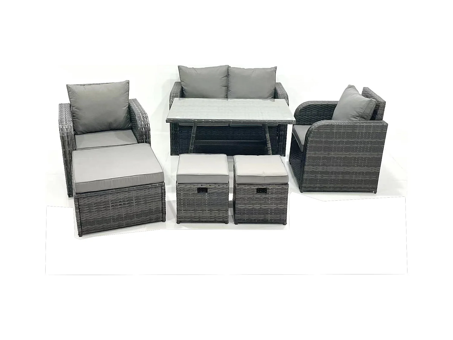 Gartenmöbel-Set Rattan Sofa Esstisch Set mit Liegestühle 3 Hockern Dunkelgrau Gemischt