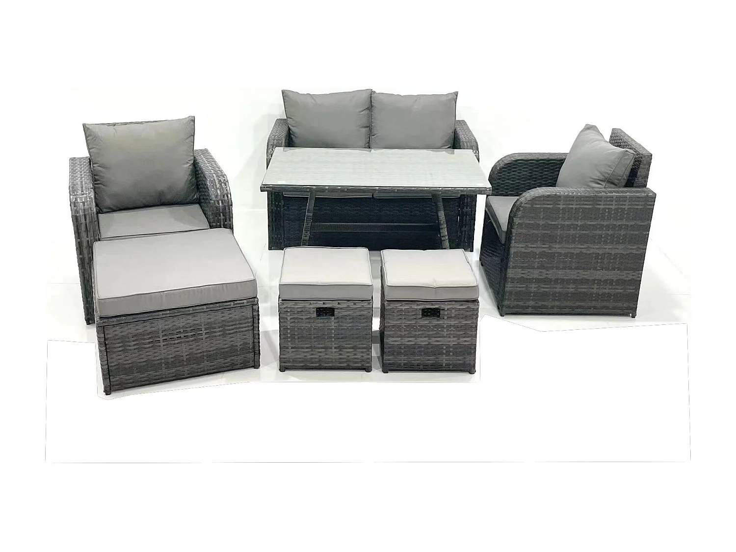 Ensemble de meubles de jardin en polyrotin Rattan Canapé avec Table à manger Chaise inclinable 3 Tabourets Gris foncé mixte