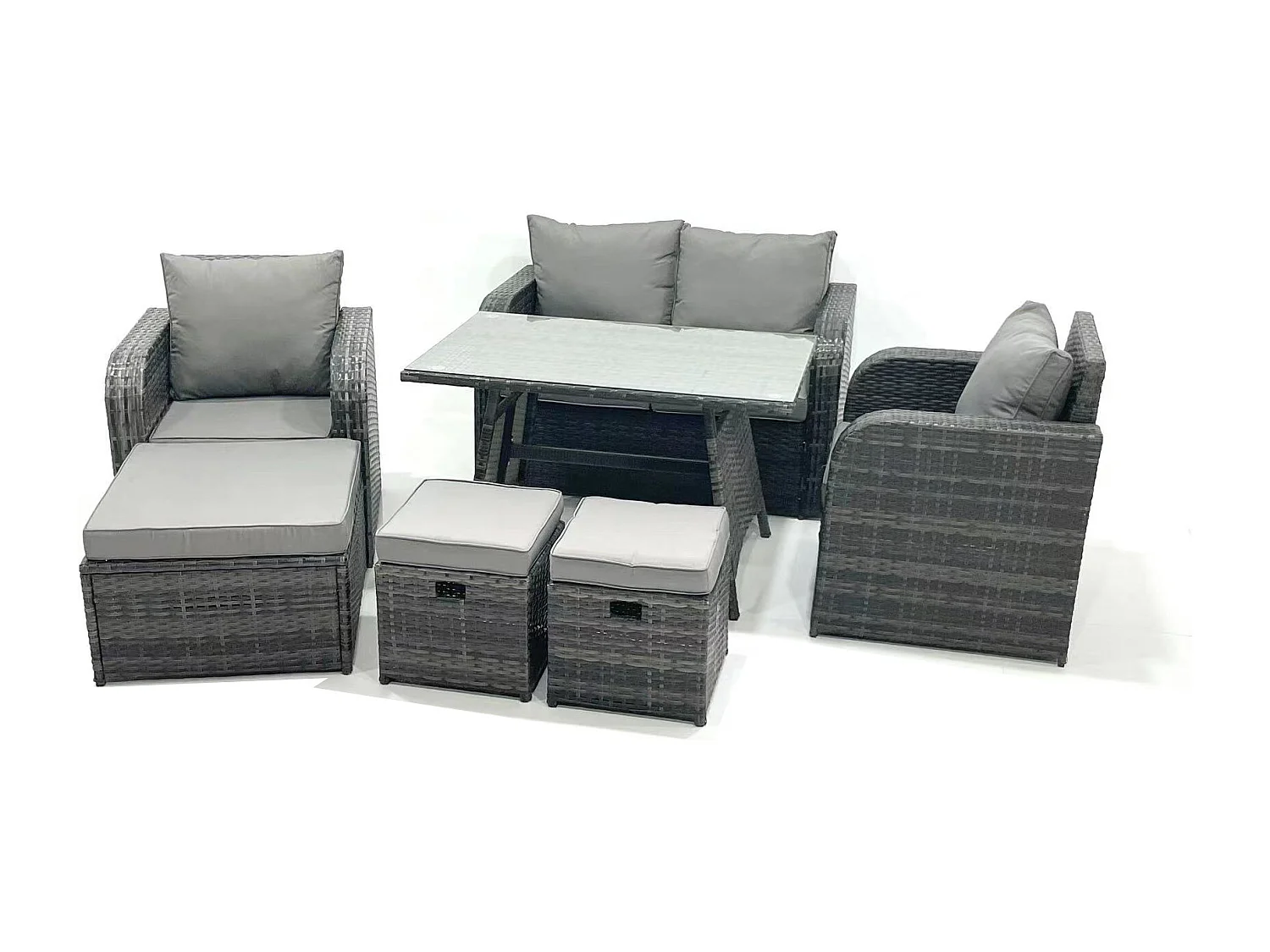 Ensemble de meubles de jardin en polyrotin Rattan Canapé avec Table à manger Chaise inclinable 3 Tabourets Gris foncé mixte