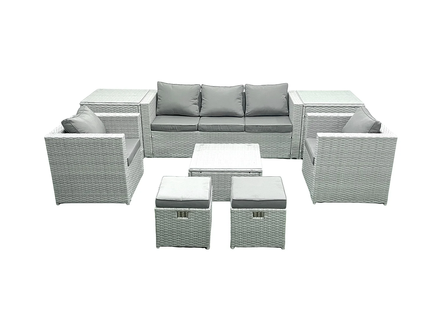 7 places Salon de jardin avec Canapé 3 places 2 Chaise Table basse carrée 2 Petits tabourets 2 Tables d'appoint Gris clair mixte