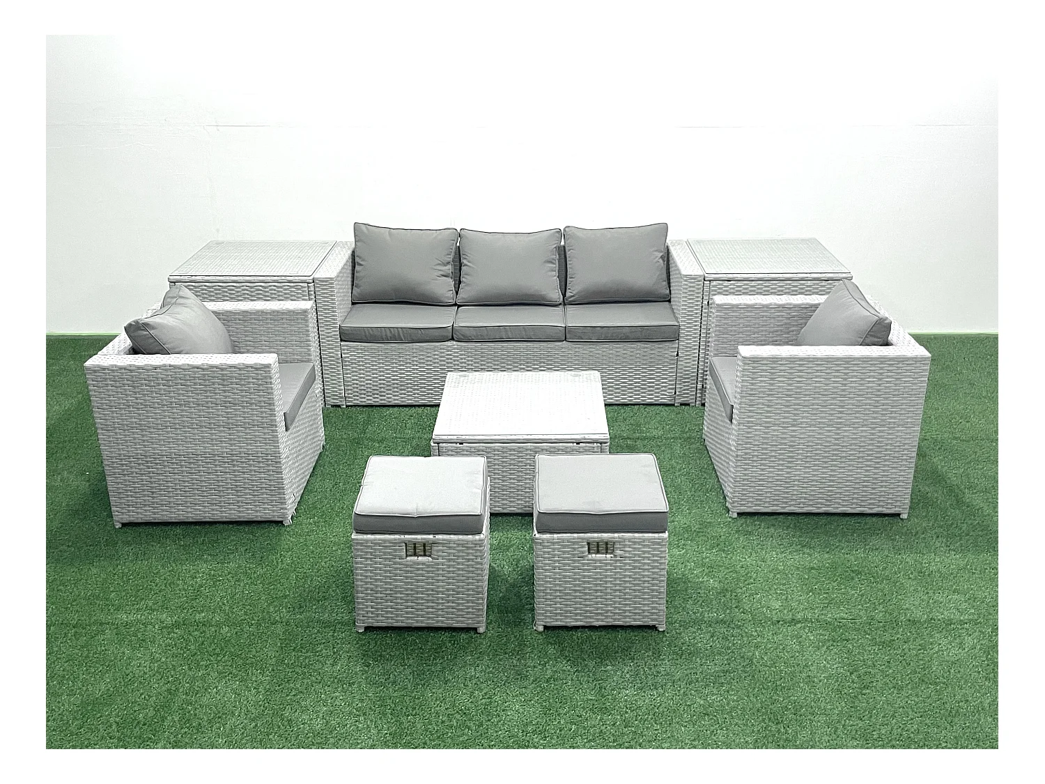 7 places Salon de jardin avec Canapé 3 places 2 Chaise Table basse carrée 2 Petits tabourets 2 Tables d'appoint Gris clair mixte