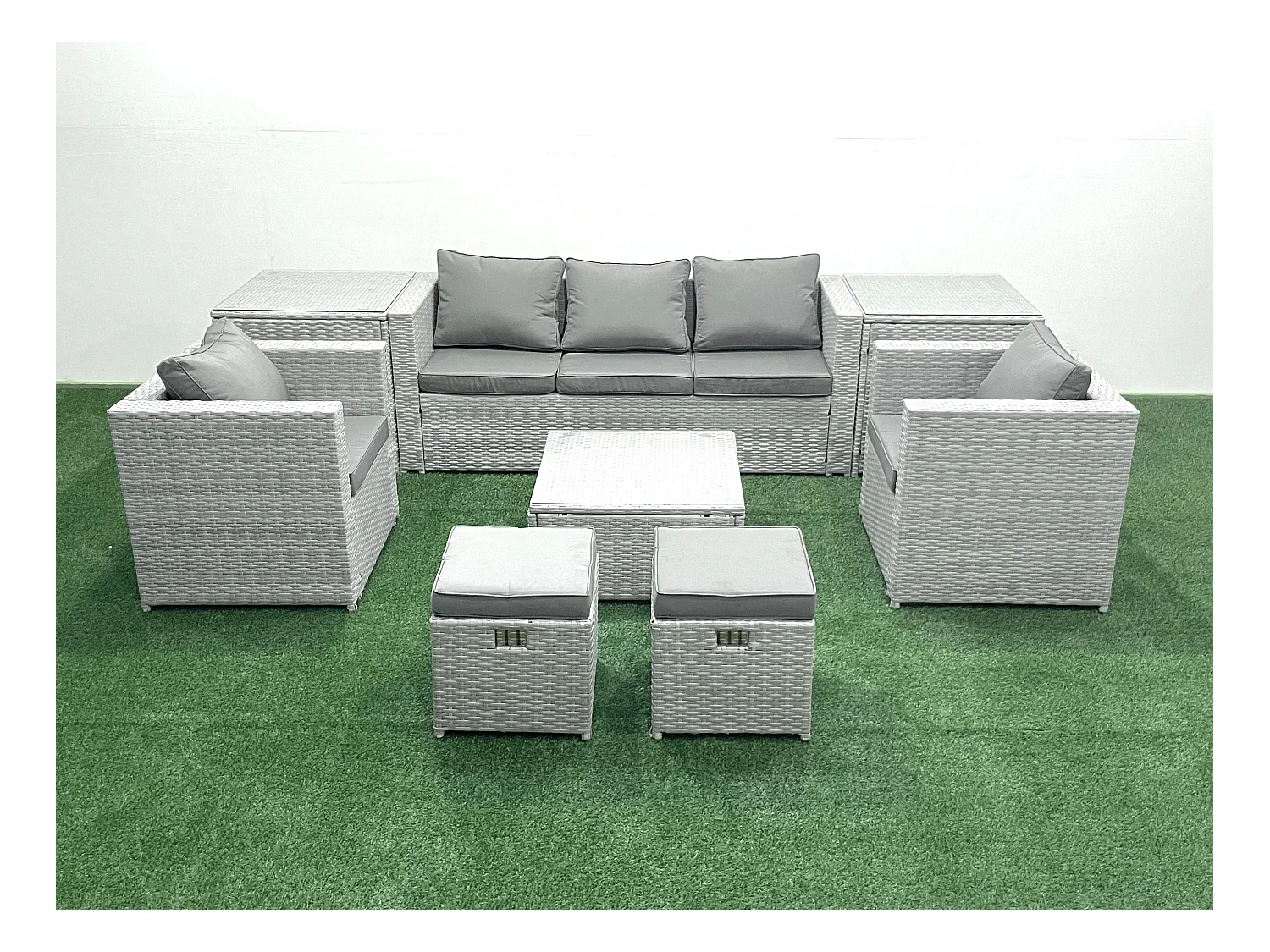 7 places Salon de jardin avec Canapé 3 places 2 Chaise Table basse carrée 2 Petits tabourets 2 Tables d'appoint Gris clair mixte