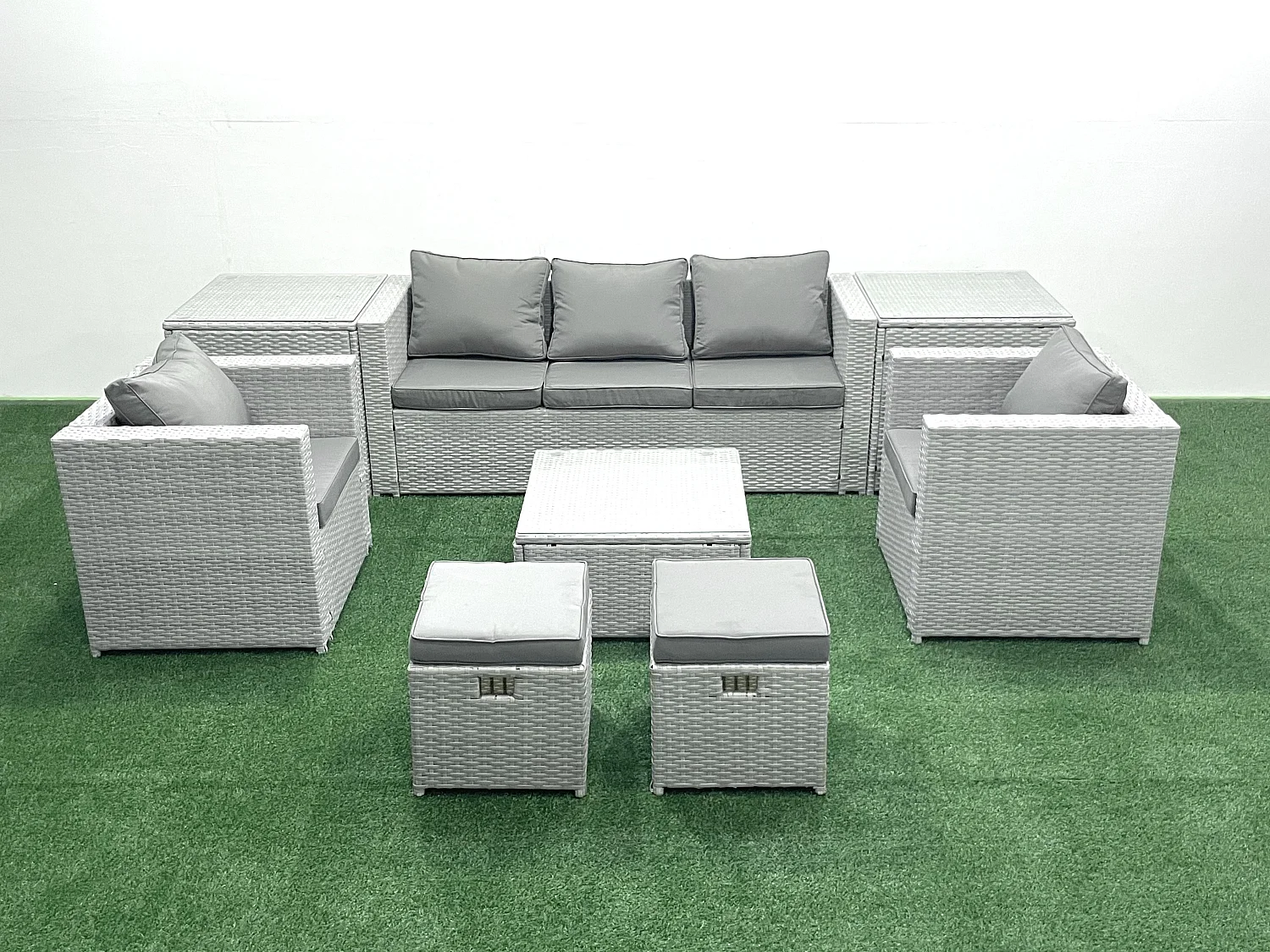 7 places Salon de jardin avec Canapé 3 places 2 Chaise Table basse carrée 2 Petits tabourets 2 Tables d'appoint Gris clair mixte