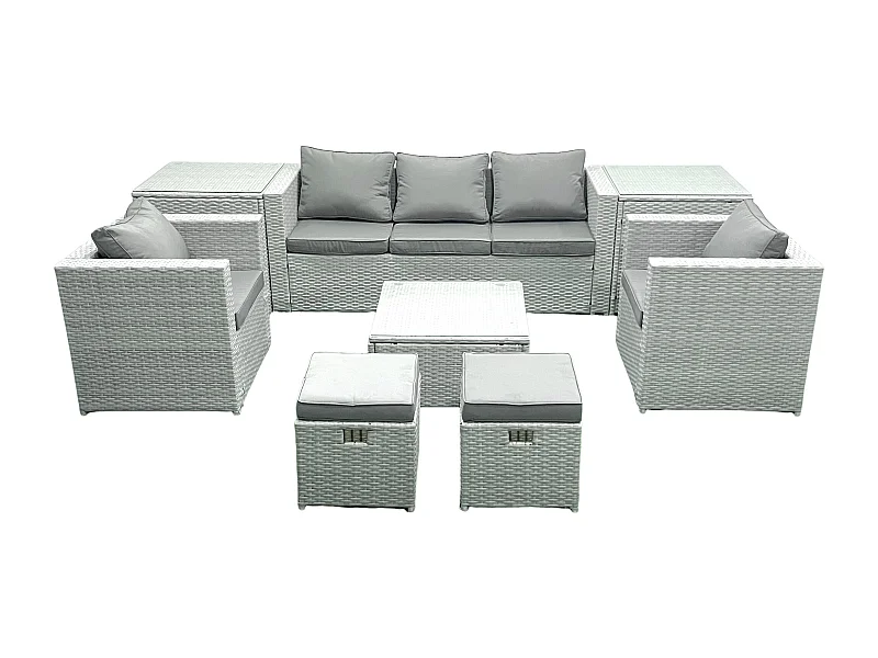 7-Sitzer Polyrattan Gartenmöbel Set mit 3-Sitzer Sofa 2 Sesseln Quadratischer Couchtisch 2 kleine Fußhockern 2 Beistelltischen Hellgrau gemischt