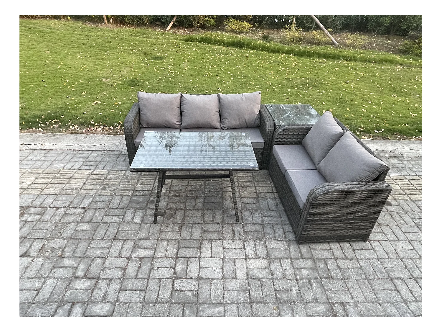 Hoher Rücken Polyrattan Sofa Set Gartenmöbel Esstisch Set Love Sofa 3-Sitzer Sofa Beistelltisch
