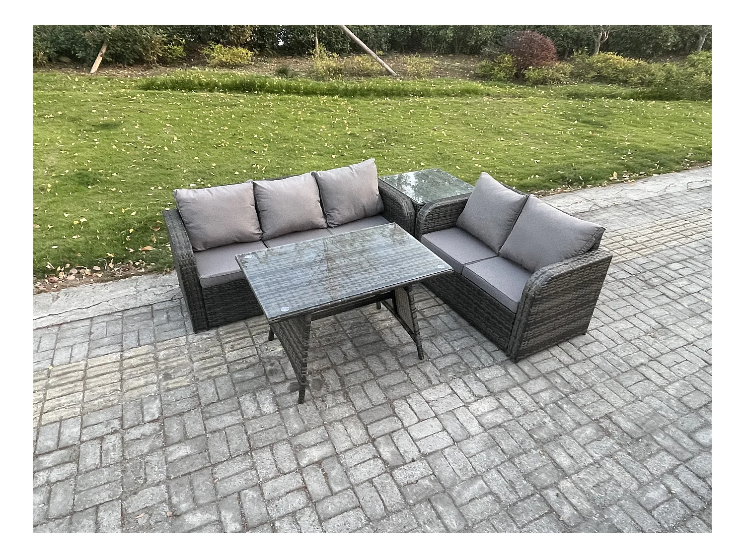 Hoher Rücken Polyrattan Sofa Set Gartenmöbel Esstisch Set Love Sofa 3-Sitzer Sofa Beistelltisch