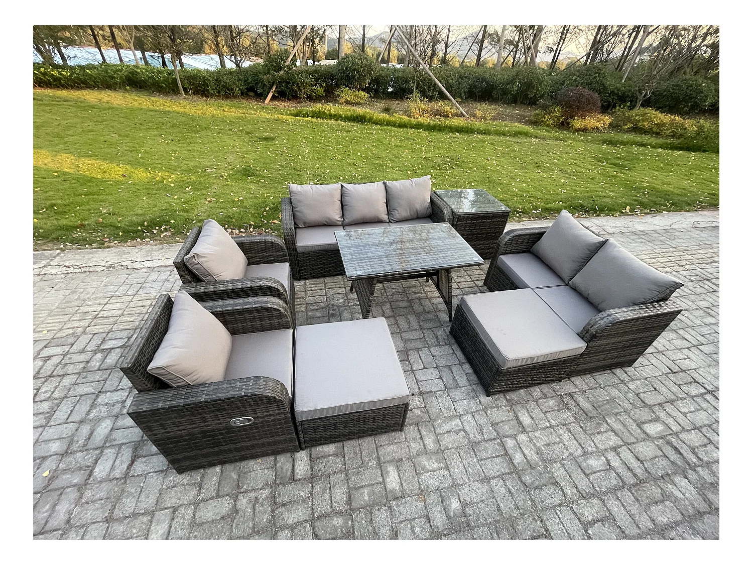 Salon de jardin exterieur 9 places Ensemble de canapés en rotin avec Table à manger 2 Grand tabourets Table d'appoint Gris foncé mixte