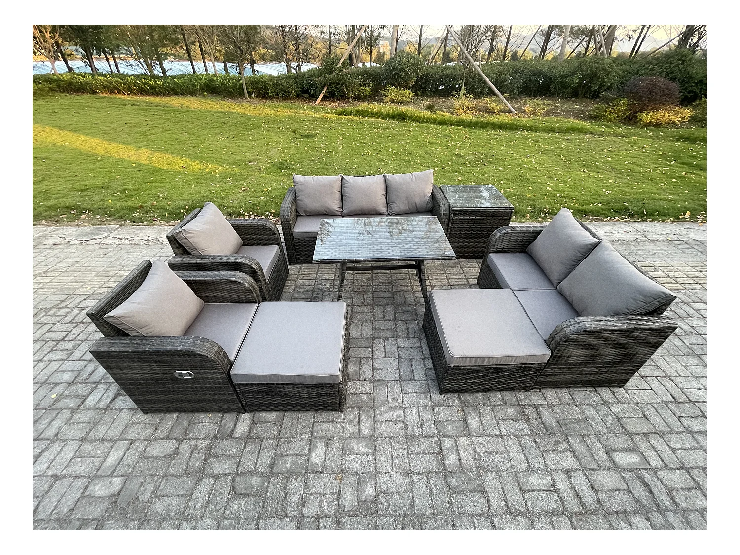 Salon de jardin exterieur 9 places Ensemble de canapés en rotin avec Table à manger 2 Grand tabourets Table d'appoint Gris foncé mixte