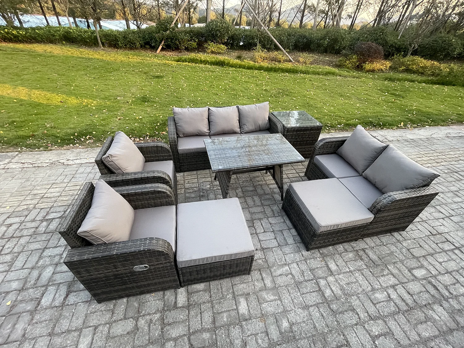 Polyrattan Gartenmöbelset 9-Sitzer Garten Lounge Set mit Esstisch 2 hohen Hockern Beistelltisch Dunkelgrau Gemischt