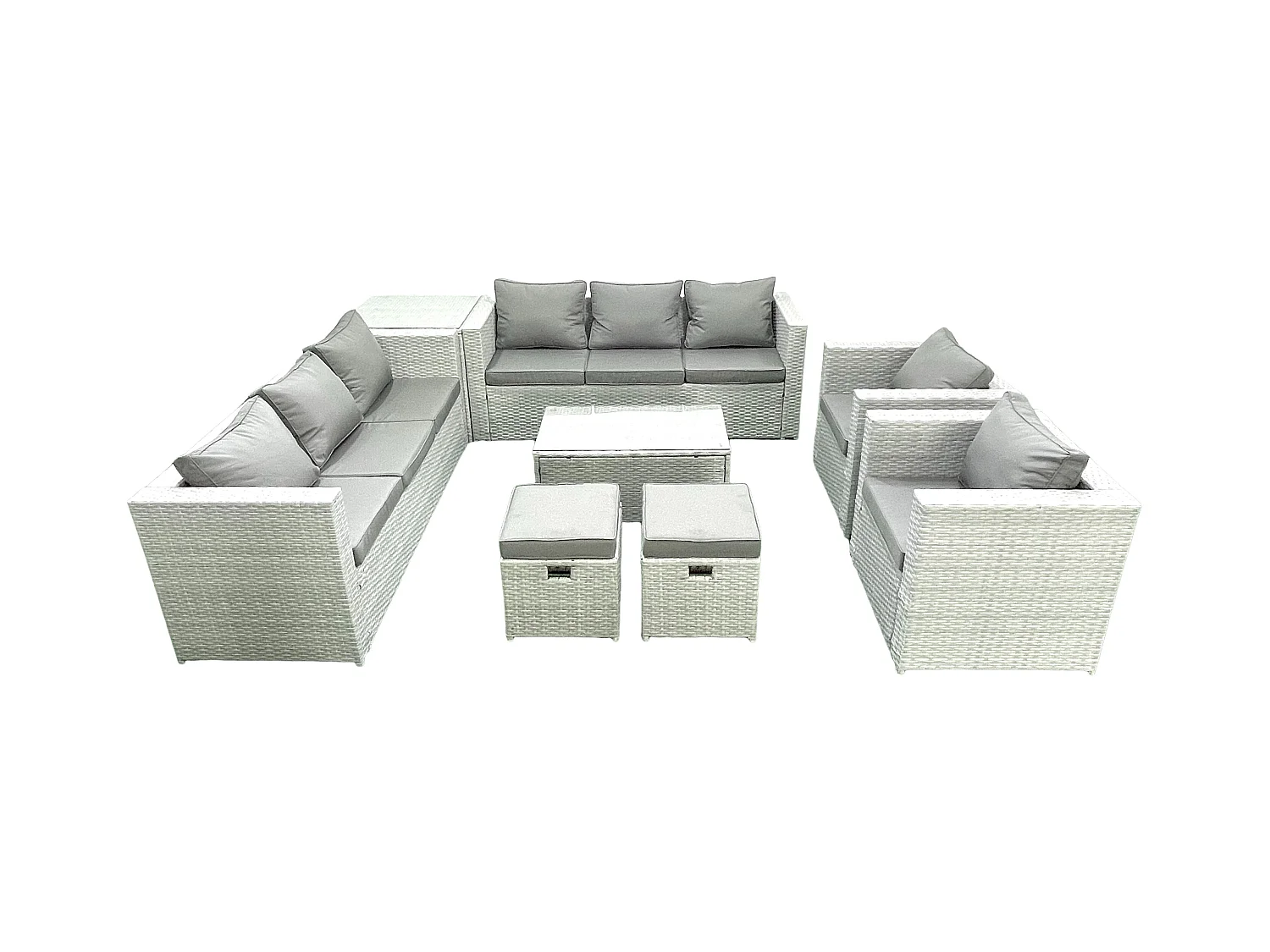 Rattan Sofa Gartenmöbel Set mit 2 Sesseln Rechteckiger Couchtisch 2 kleine Fußhockern Beistelltisch Hellgrau gemischt