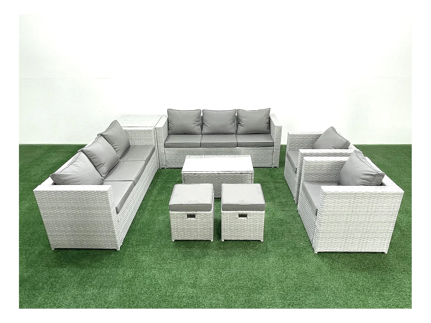 Rattan Sofa Gartenmöbel Set mit 2 Sesseln Rechteckiger Couchtisch 2 kleine Fußhockern Beistelltisch Hellgrau gemischt