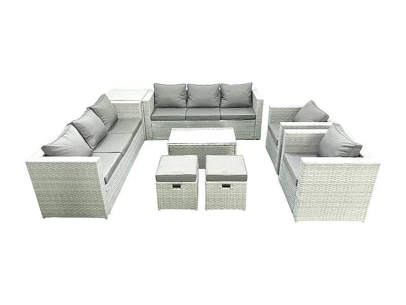 Salon de Jardin en rotin avec 2 Fauteuil Table basse oblongue 2 Petits tabourets Table d'appoint Gris clair mixte