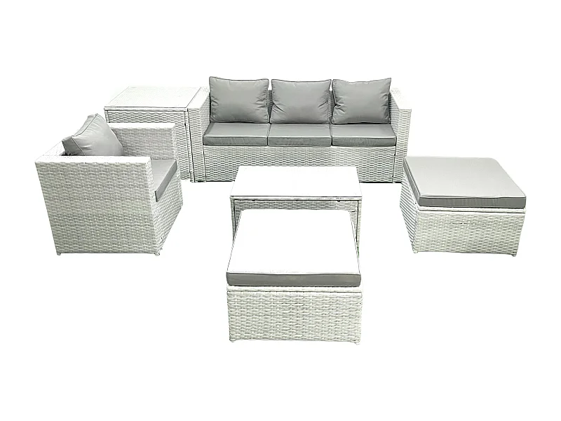 6 Pièces Salon de jardin Canapé de jardin avec Fauteuil Table basse Table d'appoint 2 Grand tabourets Gris clair mixte