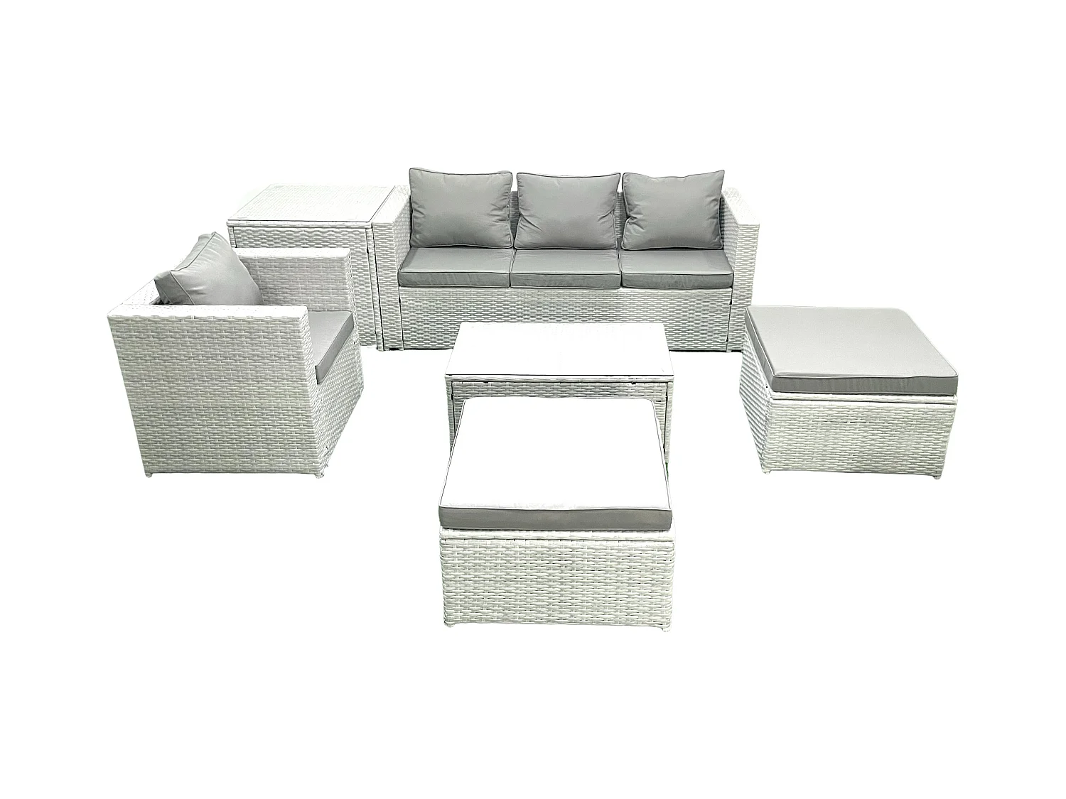 6 Pièces Salon de jardin Canapé de jardin avec Fauteuil Table basse Table d'appoint 2 Grand tabourets Gris clair mixte