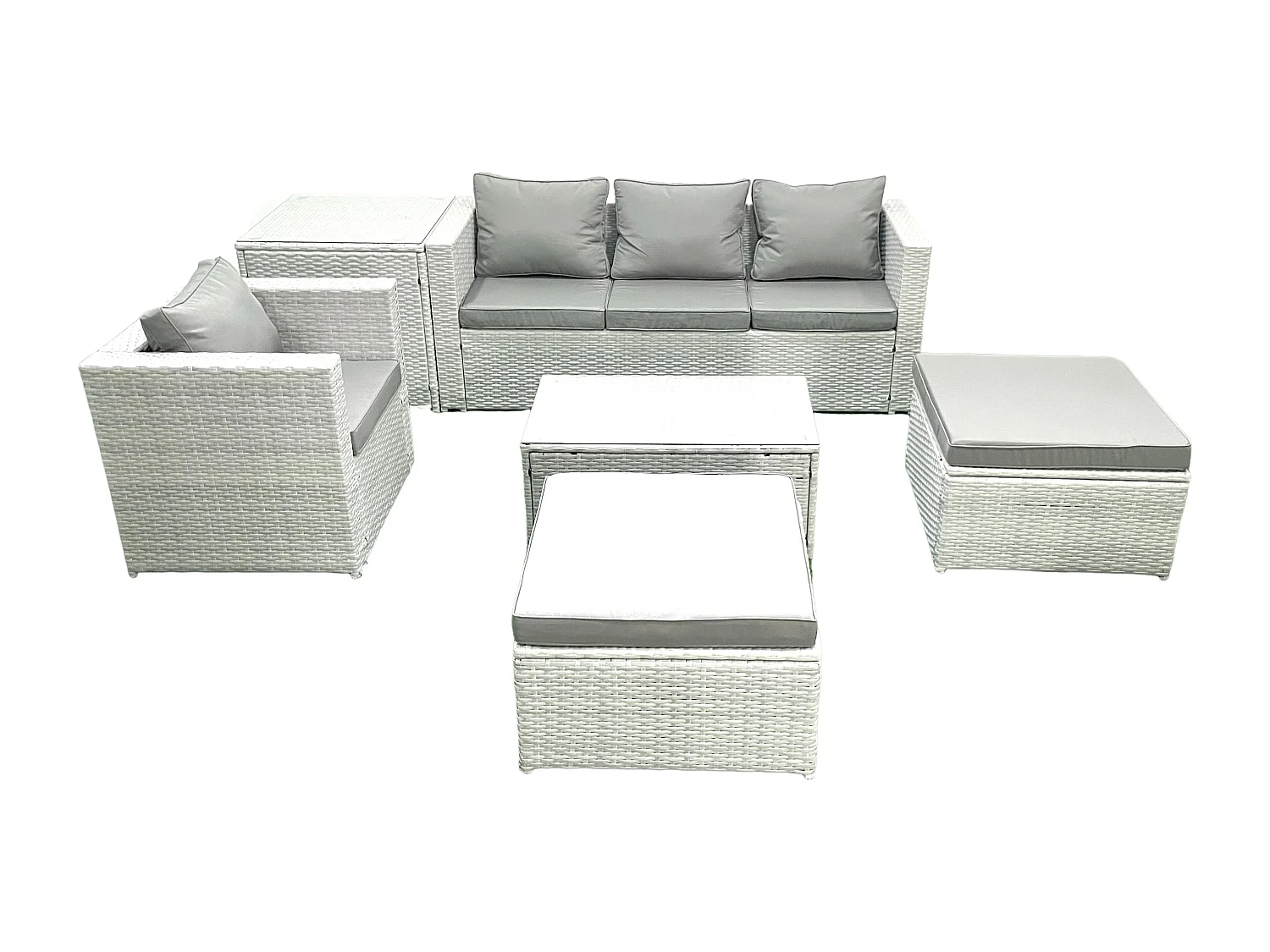 6 Stücke Rattan Gartenmöbel Set Garten Sofa Stuhl Couchtisch Set mit Beistelltisch 2 hohen Hockern Hellgrau gemischt