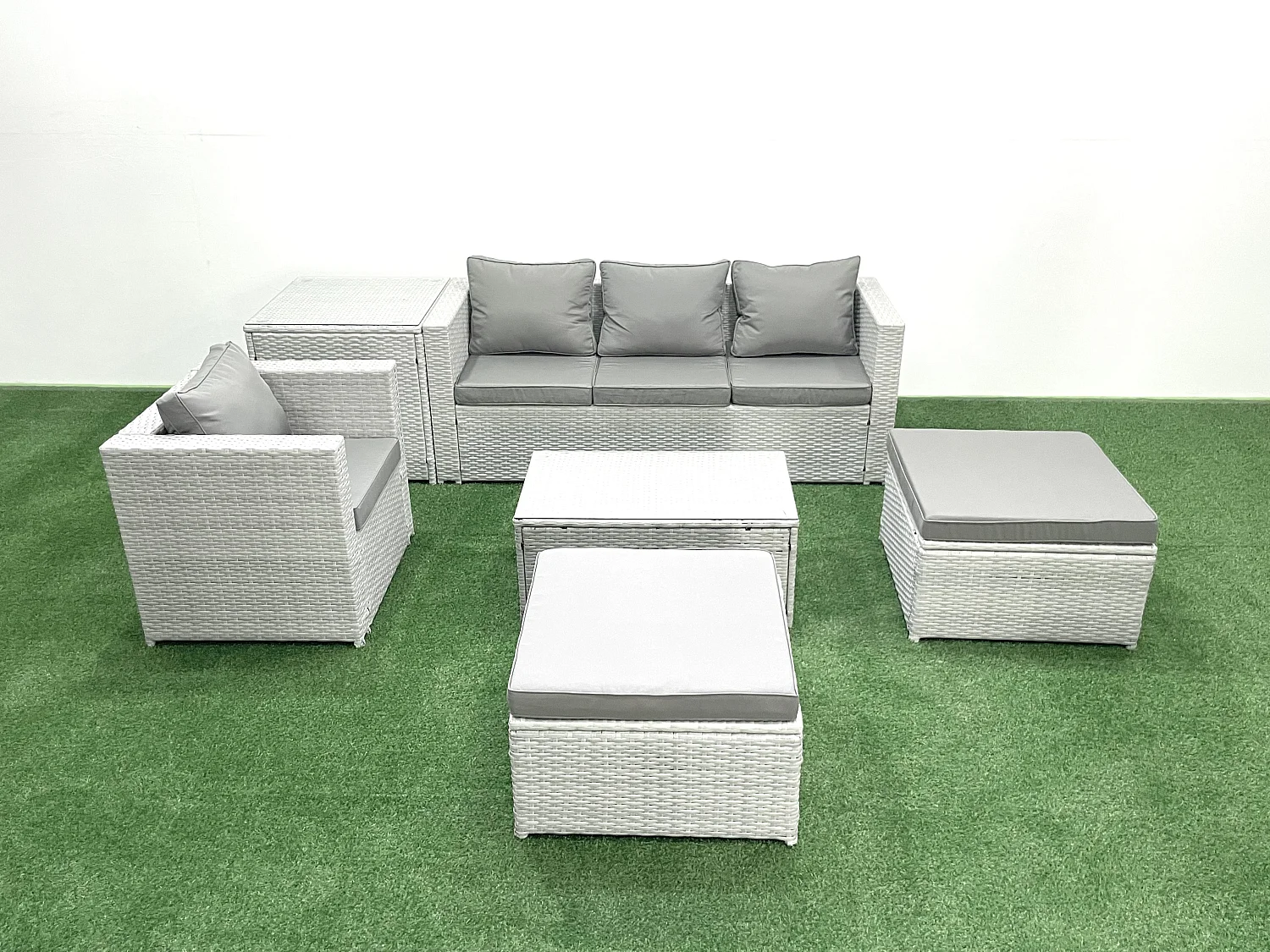 6 Stücke Rattan Gartenmöbel Set Garten Sofa Stuhl Couchtisch Set mit Beistelltisch 2 hohen Hockern Hellgrau gemischt